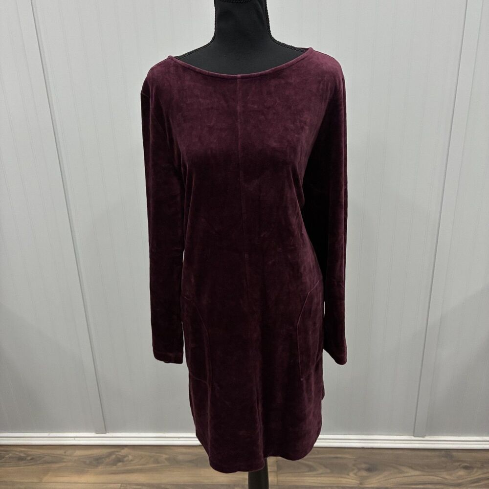 Pure Jill XL Dress Burgundy Velvet Long Sleeve Pockets Cotton Blend Midi